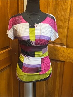 HeartSoul Multicolor Geometric Short Sleeve Top - Pink, Lime & Purple